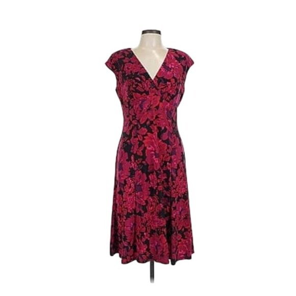 Chaps Fuchsia Purple Red Floral Print‎ Dress Size Large Jersey Summer Wedding - Picture 1 of 6